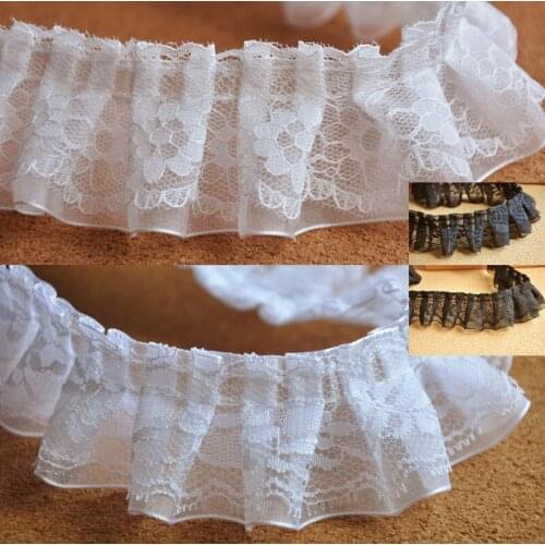 2Yards Pleated Lace Trim Mesh Ruffle Handmade White Black Ribbon DIY Sewing Clothing Toy Dress Handcrafts Accessories 4cm Wide