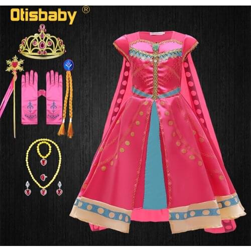 Aladdin Princess Toddler Girl Jasmine Dress Halloween Girls Jasmine Costume with Fancy Cape Summer Red Arab Traditional Clothing