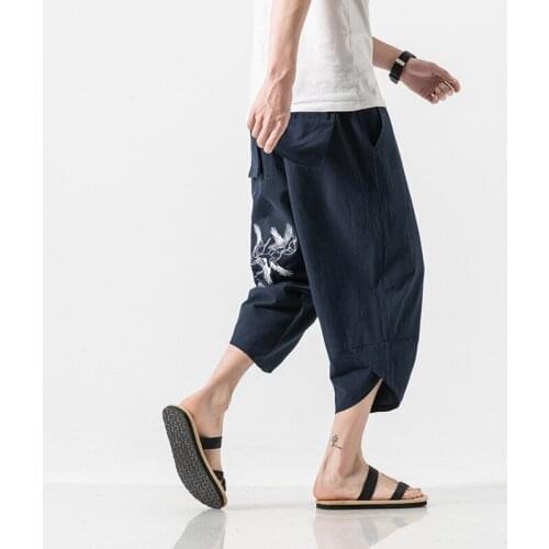 #8075 Summer Vintage Cotton Linen Pants Men Embroidery Loose Plus Size 5XL Elastic Waist Retro Wide Leg Pants Thin Chinese Style