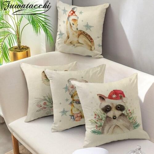 Fuwatacchi Cartoon Animals Pillow Case Cushion Cover Christmas Hat Deer Pillows Covers for Home Sofa Decor Pillowcases 45x45cm