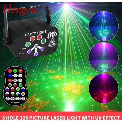 Hongcui 8 Hole 128 Figure Laser Light Stage Lamp Projection Flashlight USB Plug with Remote Control for Bar KTV