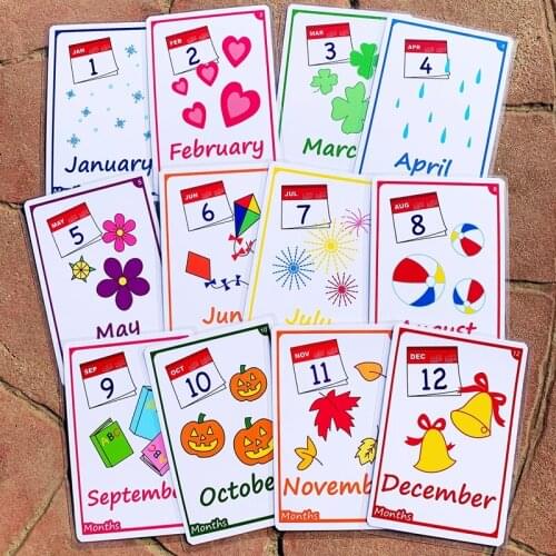 12pcs English Month Flash Cards Early Learning Educational Cards Kindergarten English Teacher Teaching Aids Classroom Decor