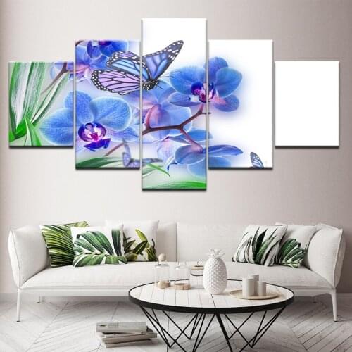Canvas Painting blue flowers and butterflies 5 Pieces Wall Art Painting Modular Wallpapers Poster Print Home Decor