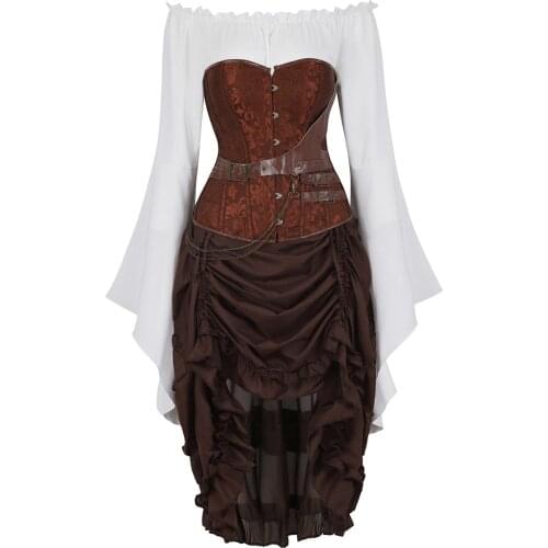 Corset with Pirate Skirt and Blouse Steampunk Leather Embroidery Bustier 3 Piece Carnival Party Costumes Cosplay Halloween