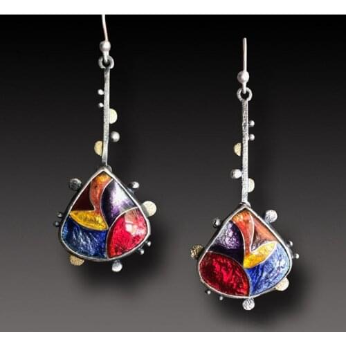 Fashion Colorful Resin Enamel Teardrop Earrings Boho Jewelry Silver Color Metal Water Drop Dangle Earring for Women