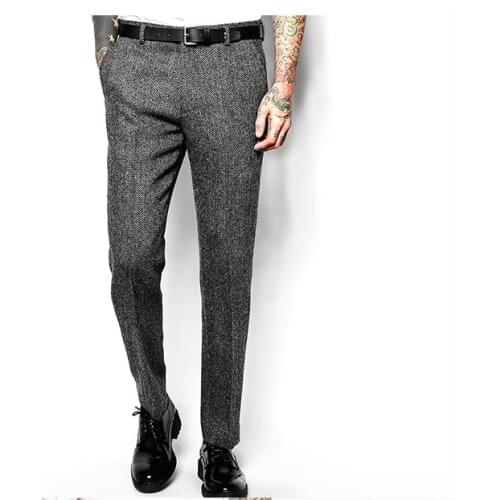 Men Wool Blend Suit Pants Trousers Chic Slim Fit Straight Retro Smart Casual Gray Coffee Trousers H56