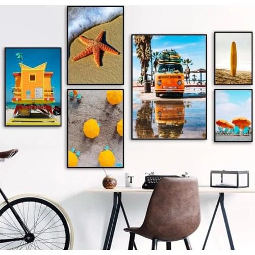 Wall Art Canvas With Blue Sky Landscape, Yellow Bus, Sea Beach, Nordic Posters And Prints, Wall Pictures For Living Room Decor