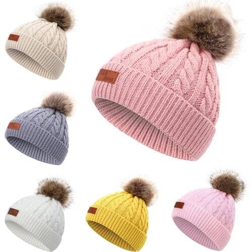 2021 Brand New Newborn Baby bonnet Kids Girls Boys childrens Winter Warm Knitted hat Furry Balls Pompom Solid Beanie Cap hats