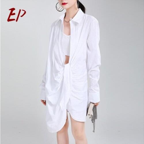 EP 2021 Spring Autumn New Streetwear White Long Sleeve Bodycon Dress Turn-down Collar Dropped Irregular Dress For Women