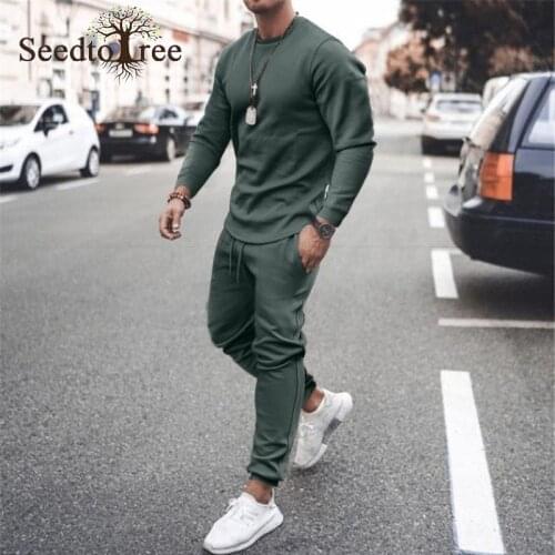 Spring and Autumn New Mens Sports Suit Solid Color Long Sleeved Round Neck T-shirt Casual Pants Mens Sets
