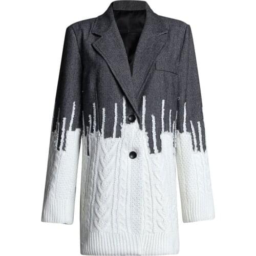New Women Casual Patchwork Full Sleeved Panelled Loose Blazers Fashion Female Knit Suit Jacket Coat