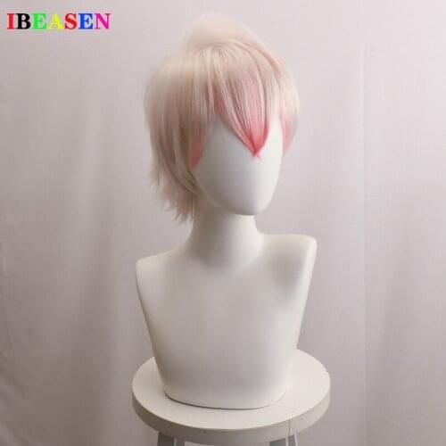 Anime Mystic Messenger Saeran Ray Cosplay Wig Short White Mix Pink Heat Resistant Synthetic Hair Wig Rose Net