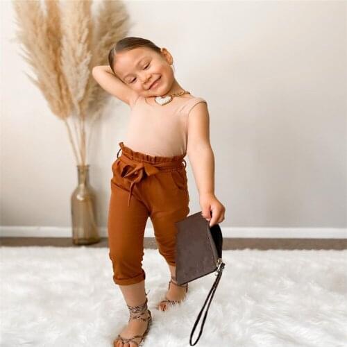 1-6Years Baby Girls Casual Summer 2Pcs Clothing Sets Solid Sleeveless Tank Tops+Bowknot Belt Elastic Waist Pants Beach Vacation