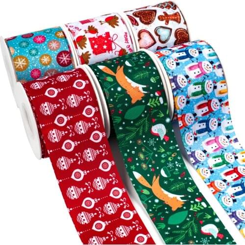 Christmas Series Printed Grosgrain Ribbon Gifts Pattern Tape 5Yards for Hair Bows DIY Happy Party Making Meterials