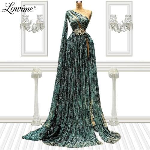 Green Evening Dresses A Line Long Formal Dress 2021 Plus Size Arabic One Shoulder Glitter Prom Dress Celebrity Party Gowns Robes