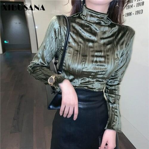 2021 Spring Autumn Retro Pleated Turtleneck T-Shirts Women Long Sleeve Elastic Glossy Golden Velvet T Shirt Female Bottoming Top