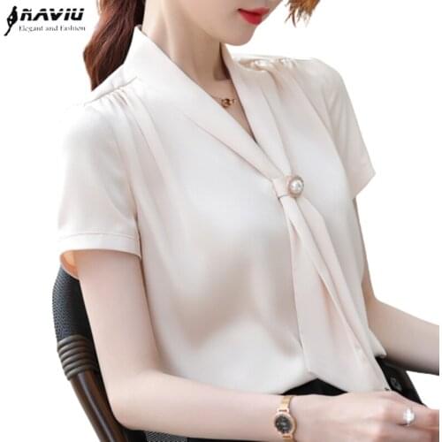 Women Shirt 2020 Summer New Chiffon Fashion Temperament Design Short Sleeve Bow Tie Blouses Office Ladies Casual Work Tops