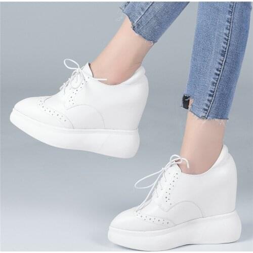 12cm High Heel Punk Creepers Women Lace Up Genuine Leather Wedges Ankle Boots Female Pointed Toe Fashion Sneakers Casual Shoes