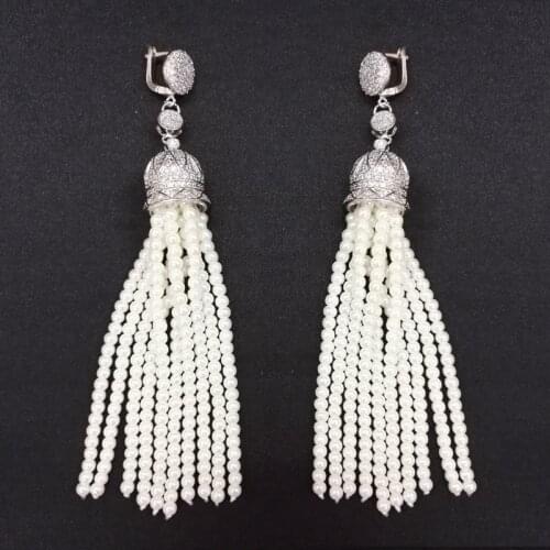 Boho Cz Zircon Crown Hat Connector Charms Long Dangle 10 Rows White Pearl Beaded Tassel Earring For Women Wedding Jewelry