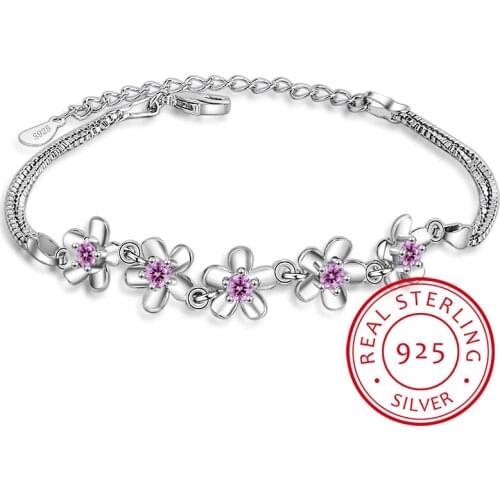 Luxury 925 Sterling Silver Bracelets Purple Zirconia Plum Flower Bracelets & Bangles For Women Pulseira De Prata S-b51