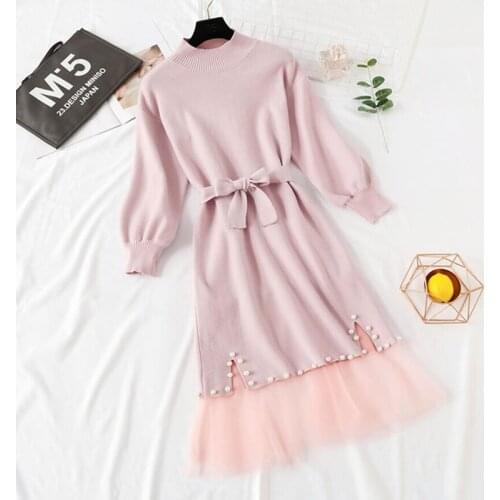 Women Knitted Suits 2020 Autumn winter Lantern sleeve 2 pieces Elegant Sweater Pullover +Mesh skirt Bandage Midi Sweater Dress