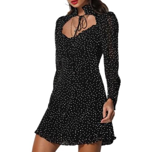Women Sexy Lace Up V-Neck Mini Day Dress Black Polka Dot Vintage Chiffon Summer Dress Elegant Daily Wedding Clothes Female