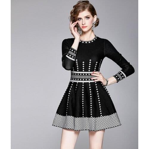 2020 Spring Autumn Womens Knitting Dress High Waist New Elegant Fashion Sweater Dress Long Sleeve Pleate Black Mini Dresses