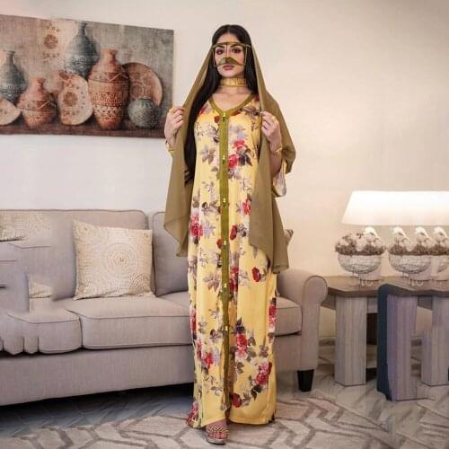 Summer Women Vintage Yellow Flower Print Long Dress Wide Sleeve Maxi Kaftan Abaya Jalabiya Tubai Turkey Indian Moroccan Cothes