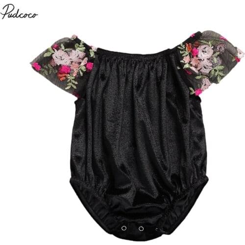 2020 Baby Summer Clothing Infant New Born Baby Girls Velvet Bodysuits Embroidery Flower Jumpsuits Short Sleeve Black Sunsuit