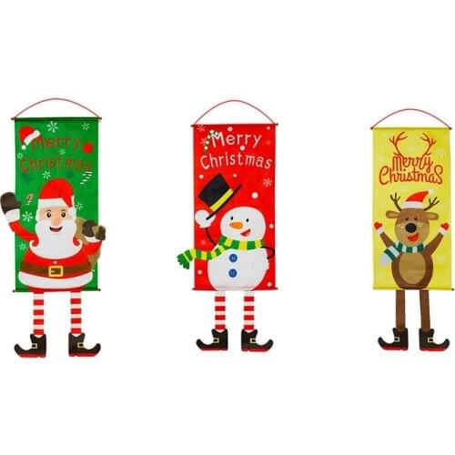 3Pcs Christmas Snowman Elk Santa Claus Cloth Hanging Flag Merry Christmas Decorations for Home Xmas Ornaments Banners Green