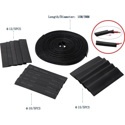 5/10M Black Insulated Braid Sleeving 4/6/8/10/12/15mm Tight PET Wire Cable w/ Heat Shrinkable Gland Protection Cable Sleeve