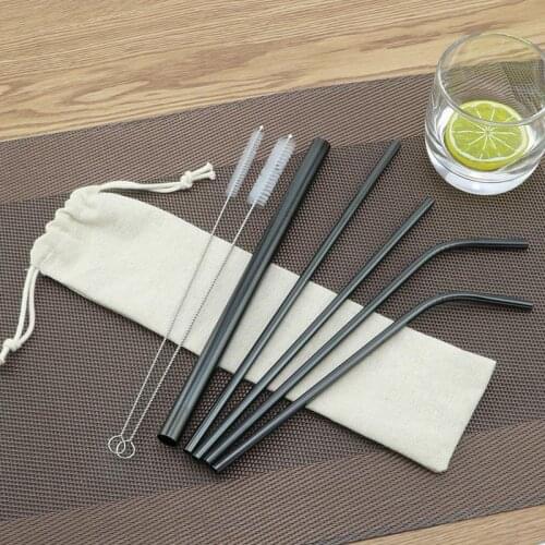 8PCS Stainless Steel Drinking Straw Metal Drinking Beverage Straws Set Reusable Cleaning Brushes Kit Combination Bag Sets