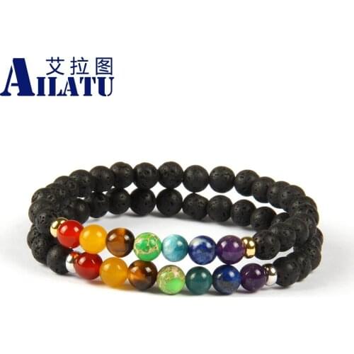 Ailatu Europe Trendy Style 6mm Lava Rock Stone and Faceted Onyx Beads with 7 Chakra Healing Stone Yoga Meditation Bracelet