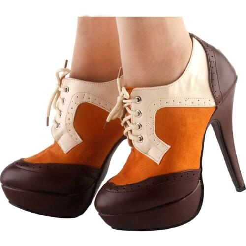 LF30312 SHOW STORY Retro Brown Beige Lace-Up Platform Stiletto Ankle Boot Bootie