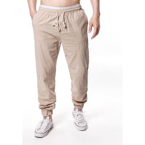New Cotton Linen Men Pants Sports Outdoor Casual Joggers Trousers Solid Color Elastic Waist Lightweight Comfortable Long Pants