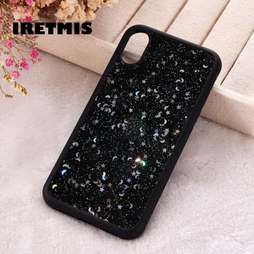 Iretmis 5 5S SE 2020 Phone Cover Case for iPhone 6 6S 7 8 Plus X Xs XR 11 12 Mini Pro Max Rubber Silicone Moon & Star Sequin