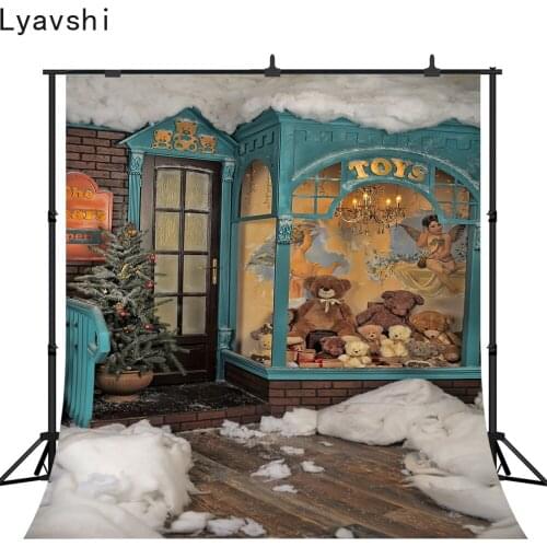 Lyavshi Photography Backgrounds Toy Shoppe Snow Christmas Trees Brick Window House wooden floor Backdrop Photo Studio prop