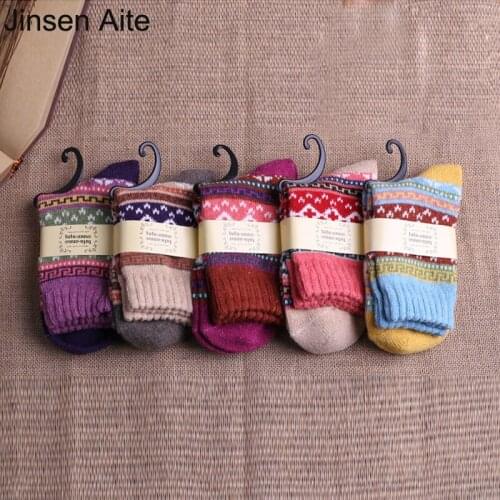 Jinsen Aite 5 Pieces Autumn New Fashion Cashmere Sock Cotton for Women Winter Thick Warm Wool British Style Retro Socks JS693