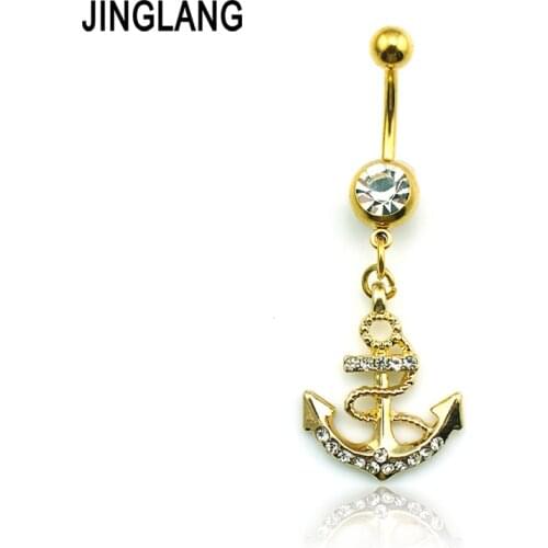 Brand New Fashion Gold Color Belly Button Rings Stainless Steel Dangle White Rhinestone Anchor Navel Rings Piercing Jewelry