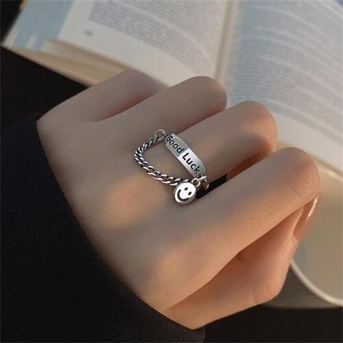 New Ins Good Luck Letter Smiley Ring Vintage Classic Chain Smiley Adjustable Ring For Women Girls Fashion Jewelry Gift
