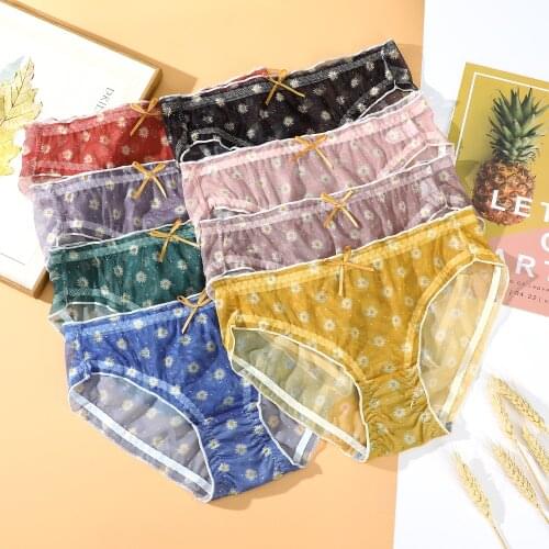 Cute Daisy Sexy Mesh Panties Sweet Print Sexy Womens Panties See-through Chrysanthemum High Elastic Underwear Briefs