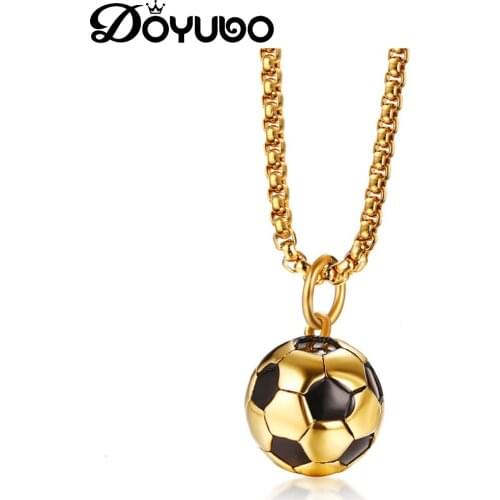 DOYUBO Mens Gold Color Stainless Steel Football Necklaces With Black Enamel Fashion Style Male Gold Ball Charms Necklaces DC231