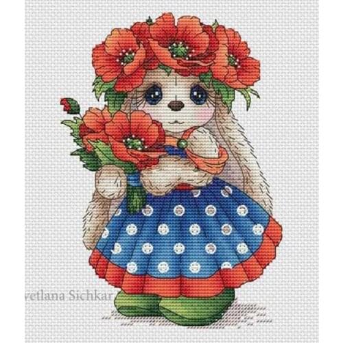 Rabbit with poppy cross stitch aida 18ct 14ct 11ct black cloth people kit embroidery DIY handmade needlework