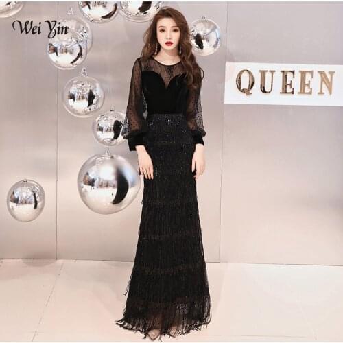 Wei yin 2021 New Long Black Evening Gowns Elegant Mermaid Tasse Dress Party Formal Long Sleeves Robe De Soiree WY1517