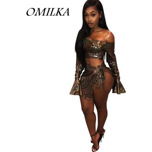 OMILKA Sequin 2 Piece Set Women Crop Tops and Skirts Set 2018 Autumn Strapless Flare Sleeve Bow Bandage Club Laser Clothing Set