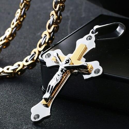 Catholic Christ Jesus Pendant Necklace Gold Silver Color Crystal Stainless Steel Necklace Link Byzantine Chain Heavy Men Gift
