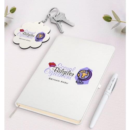 Personalized Social Studies Teacher White Notebook Pen and Keychain Gift Seti-2 Reliable Quality Gift Casual Design