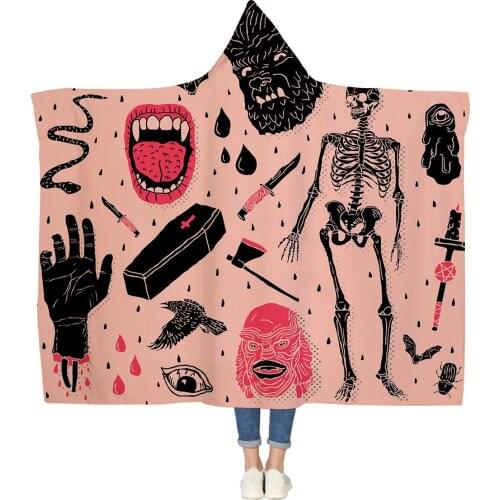 Portable Wearable Fluffy Custom Hooded Blanket Mouth Teeth Tongue Skull Bones Fleece Hooded Throw Blanket