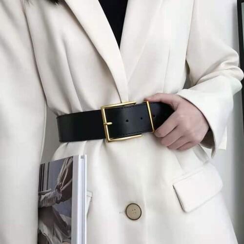 Womens Fashion Black Wide Belt Square Pin Buckle Imitation leather Waist Strap Decorative Coat Dress Simple Dress Waistband