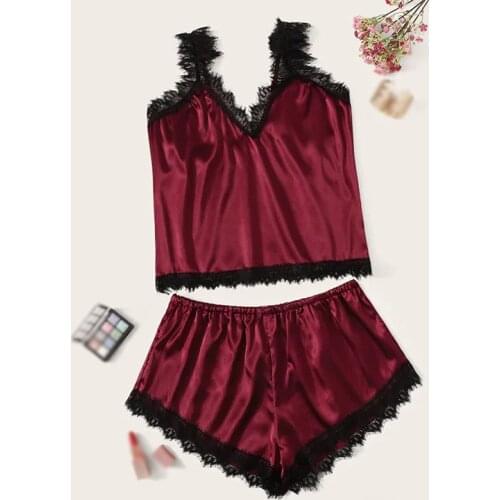 Sexy Satin Pajama Set Women Lace V-Neck Pyjamas Sleeveless Cute Tops And Shorts Two-piece Set